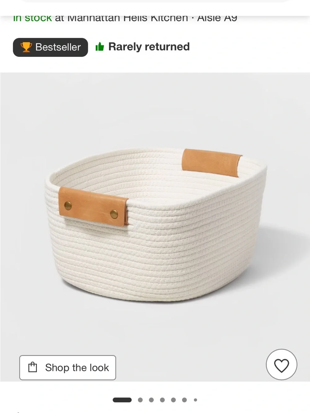 Woven Cotton Rope Storage Basket with Leather Handles - Cream